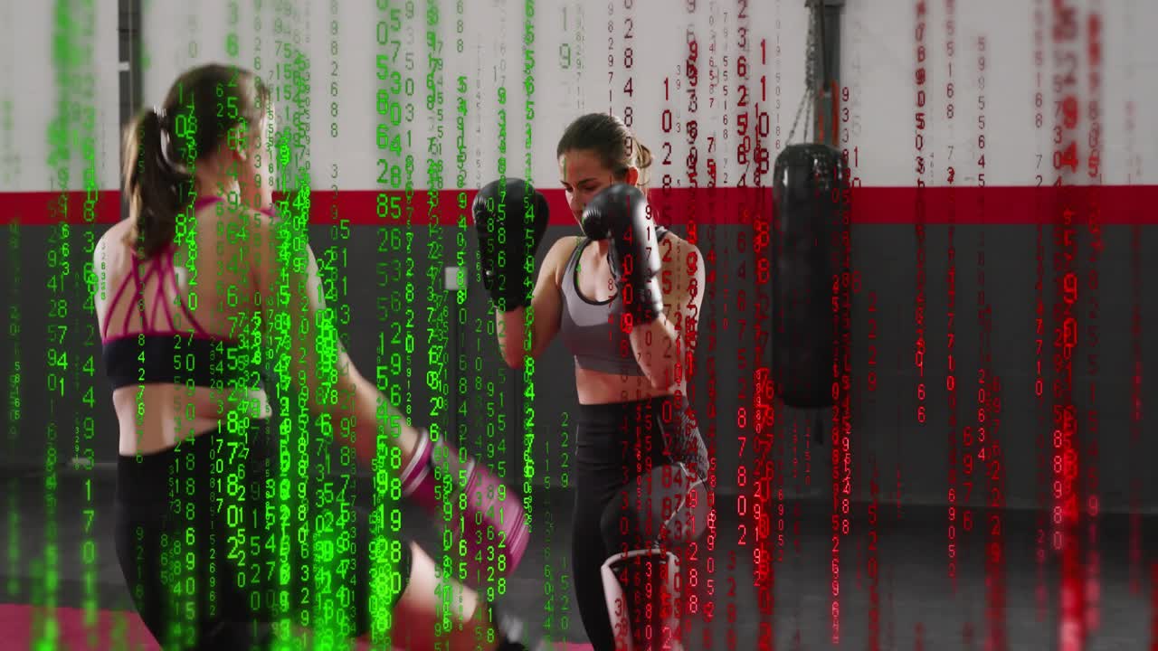 Two women boxing on red mat, pink-glove kick starting jab combos for drill, overlay obscuring women