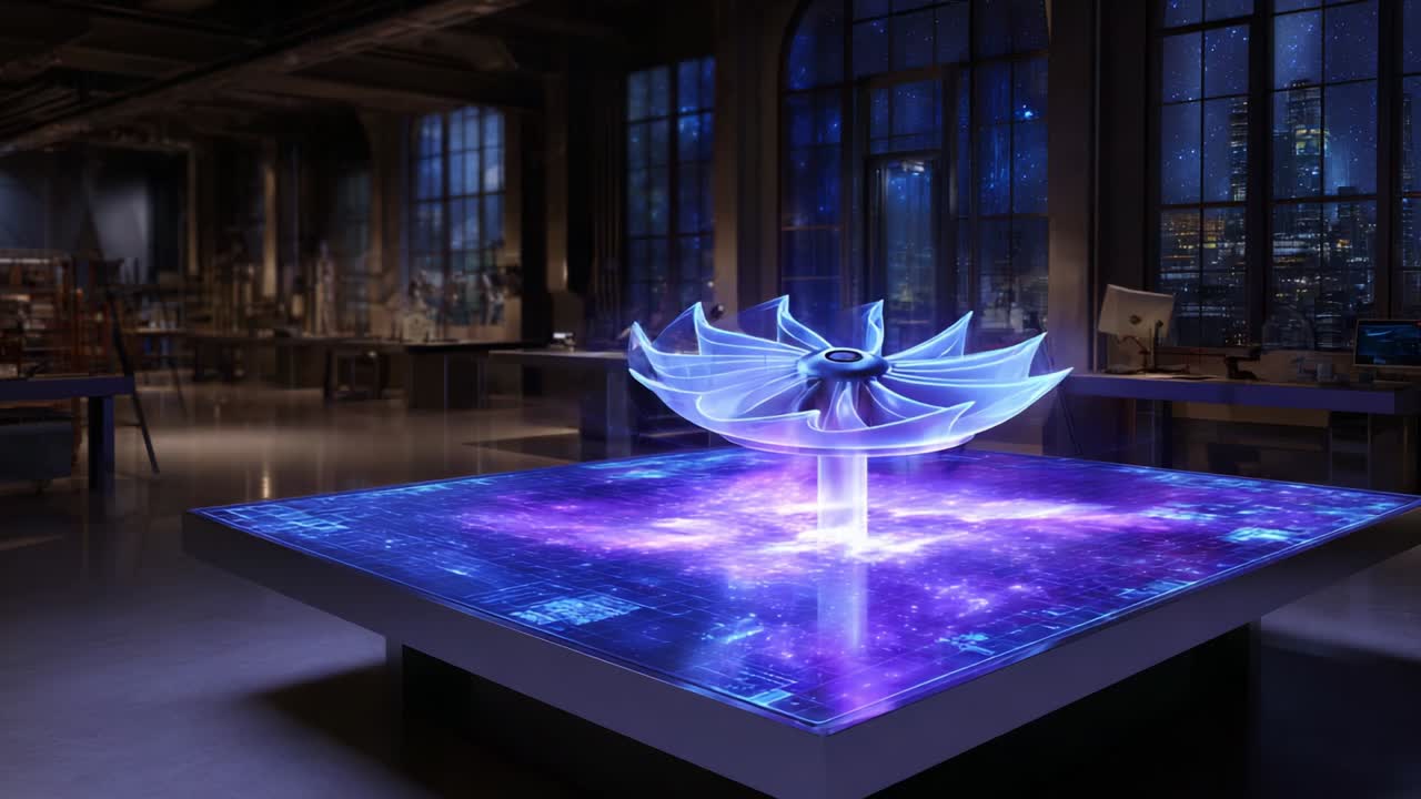 A mesmerizing fusion of art and technology, showcasing a luminous, spinning holographic structure emanating vibrant colors amidst a futuristic workshop environment under starlit windows