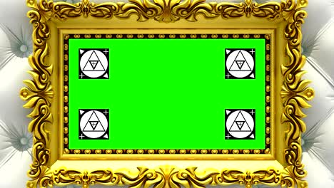 cámara zoom en el marco de la imagen de oro en el fondo de tapicería blanca de lujo. marcadores de seguimiento de movimiento y pantalla verde incluidos. animación 3d.