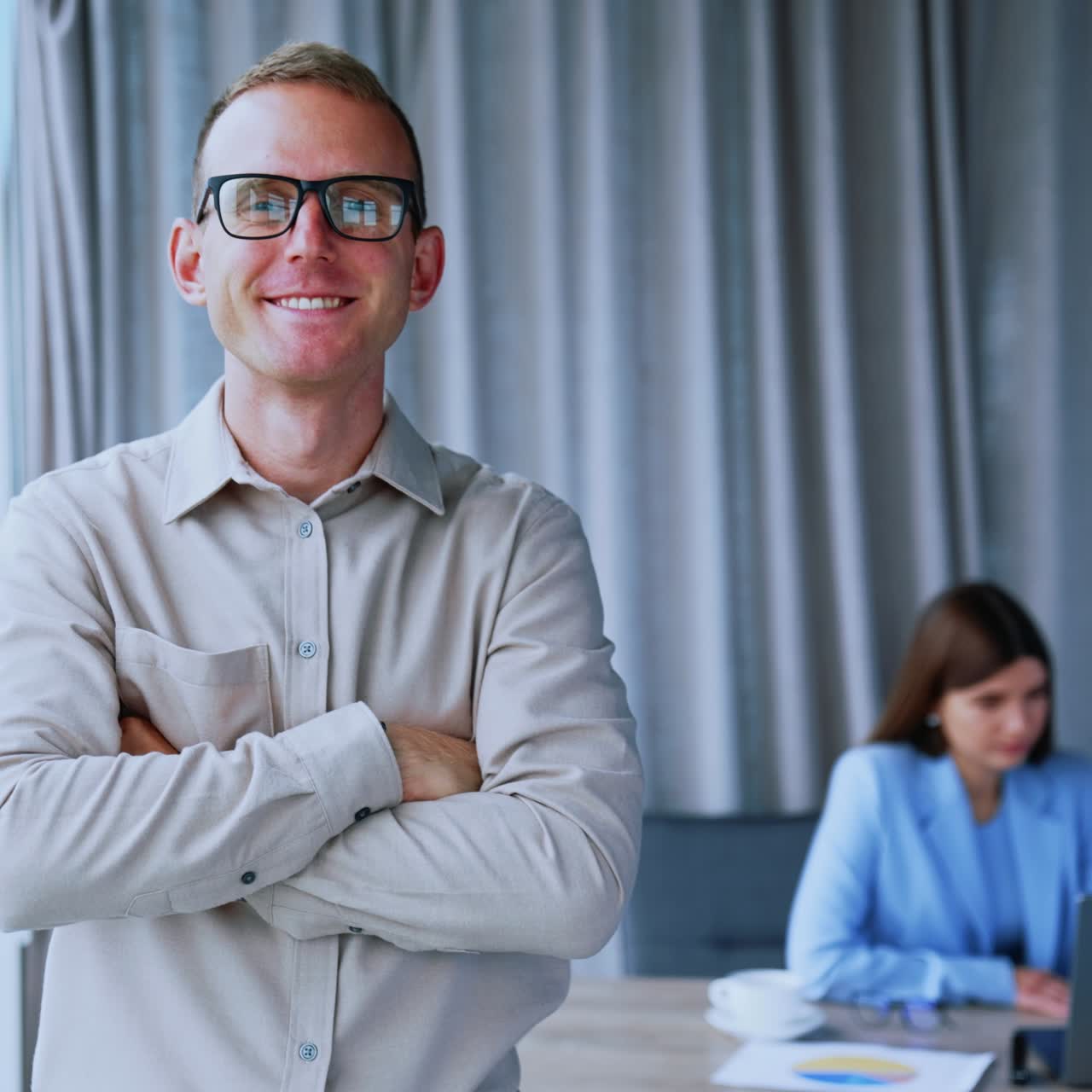 Professional young lady colleague. Cheerful young female managers at office