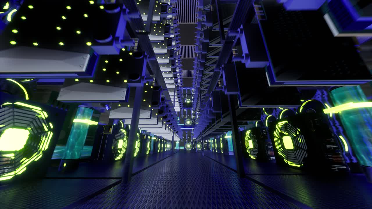 animación 3d de equipos de minería en bastidores de soporte minero criptomoneda en contenedor de acero. aplicación de tecnología blockchain específico centro de datos de circuitos integrados. luces de sala de servidores.