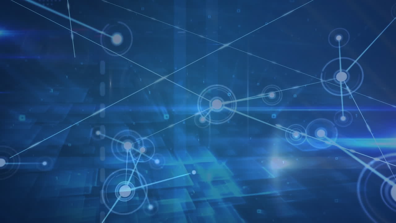 animación de la red de conexiones sobre formas cuadradas contra un fondo azul