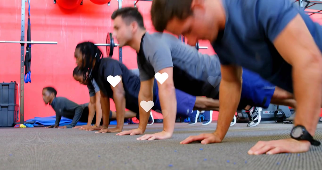 Five men entering gym space performing synchronized pushups with pulsing heart icons for fitness