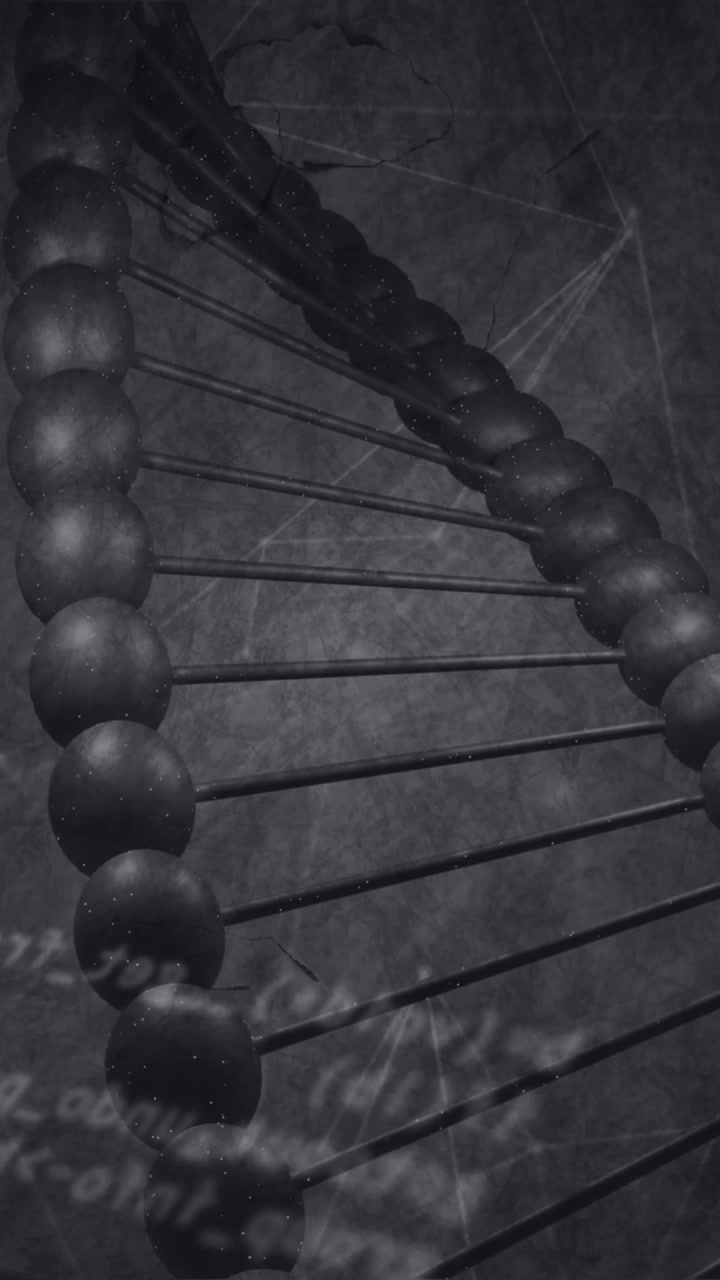 Elaborazione dati su struttura del DNA che ruota e rete di connessioni su sfondo grigio.