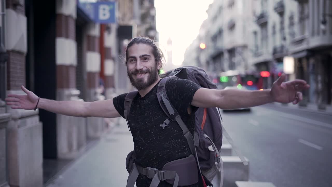 Happy Traveler in City Street
