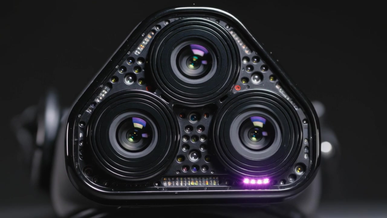 Luci da studio che si spostano rivelano un modulo triangolare a tre lenti su un tavolo, con un LED viola pulsante.