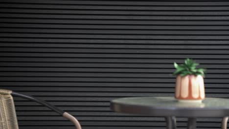 luxury setting in back garden pergola with green plant sitting on glass table surrounded by sleek black cladding on a new garden room