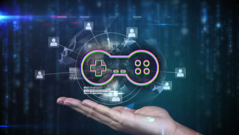 animación del icono del gamepad sobre el procesamiento de datos y el globo en la mano