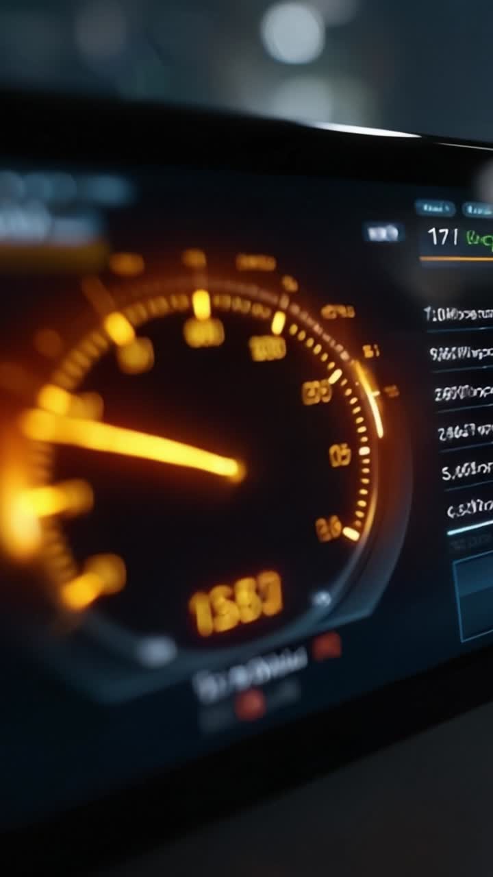 A close-up view of a digital speedometer measuring speed and performance in a car, showcasing unique graphics and readings in a modern dashboard interface
