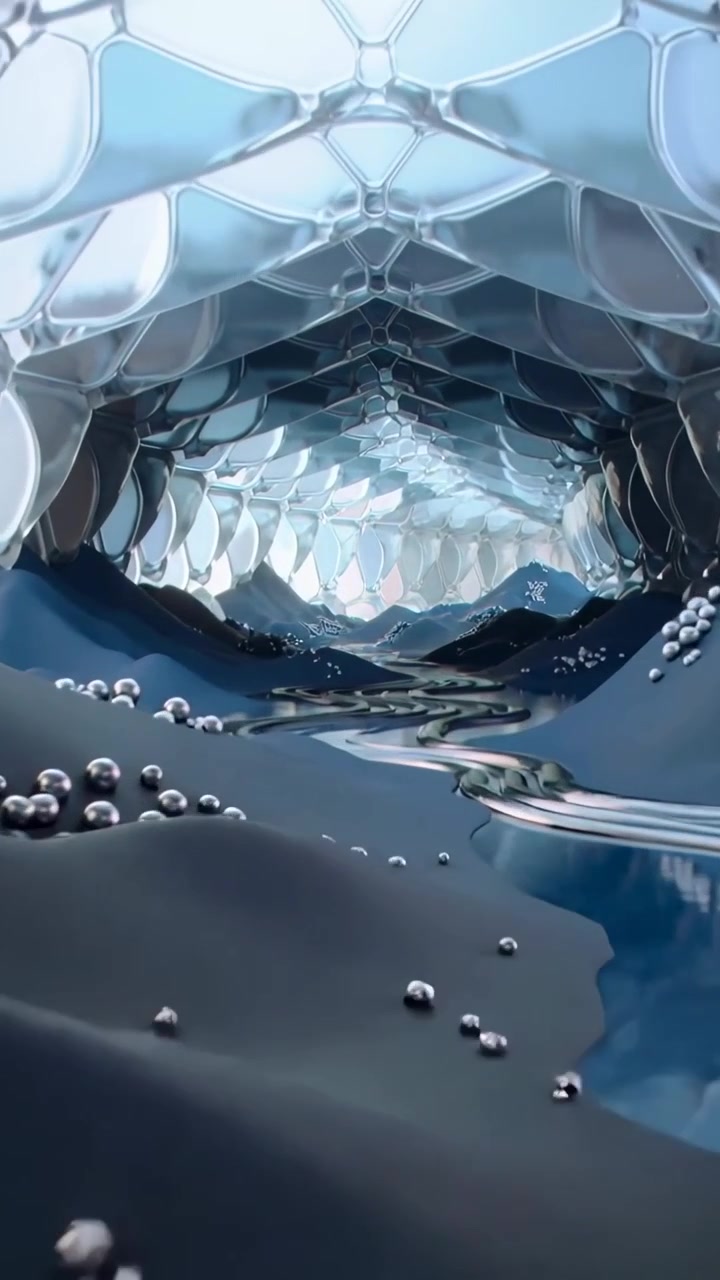 Vertical video: Frame opening, camera gliding through metal corridor showing hex ceiling and river
