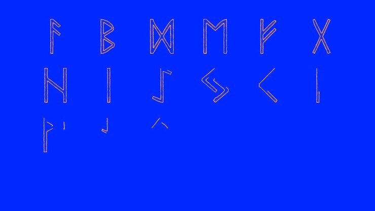 Alfabeto runico vichingo che si illumina su uno schermo blu