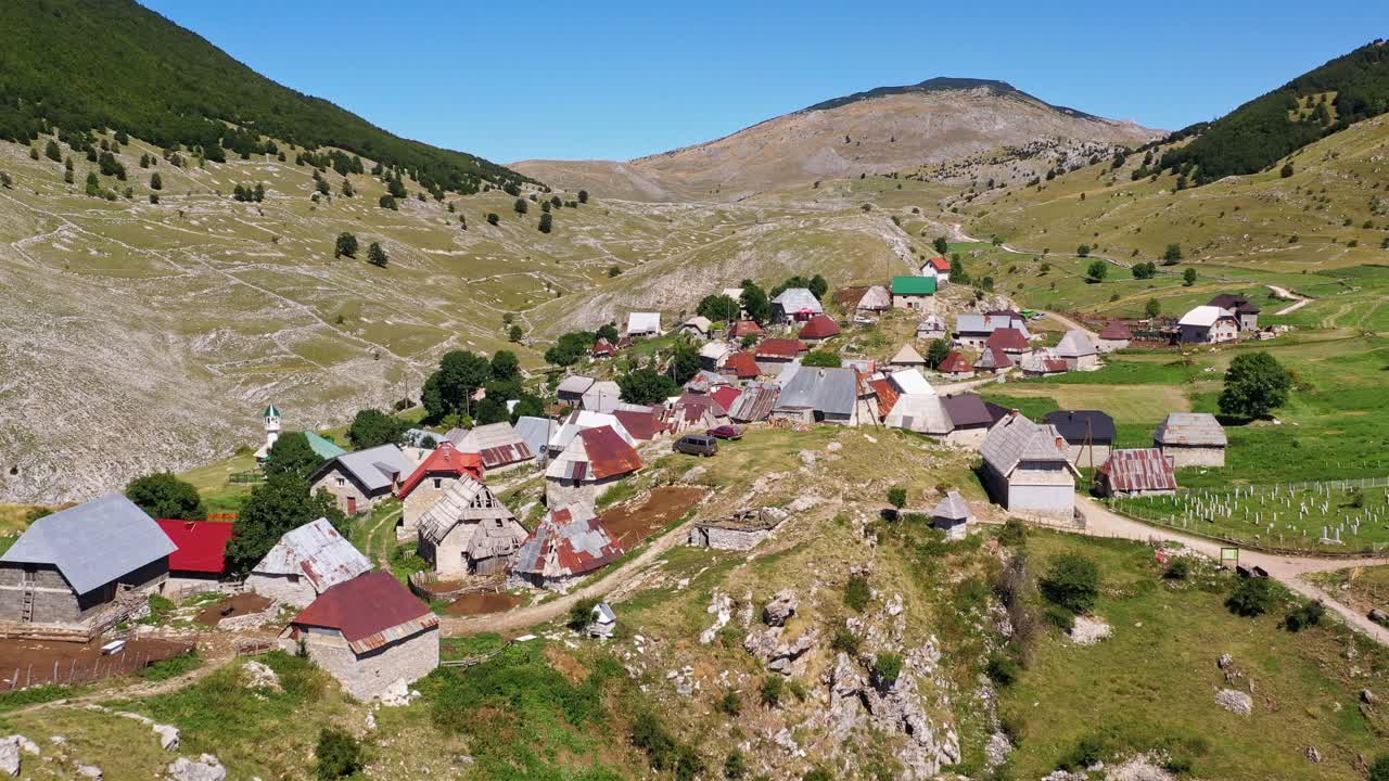 Abandoned village and buildings on top of rocky mountain summit, Bosnia