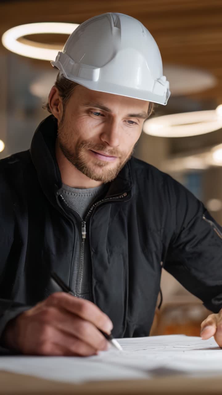 Trabalhador da construção civil concentrado e anotando diligentemente os planos do projeto enquanto usa um capacete de segurança em um ambiente de escritório moderno