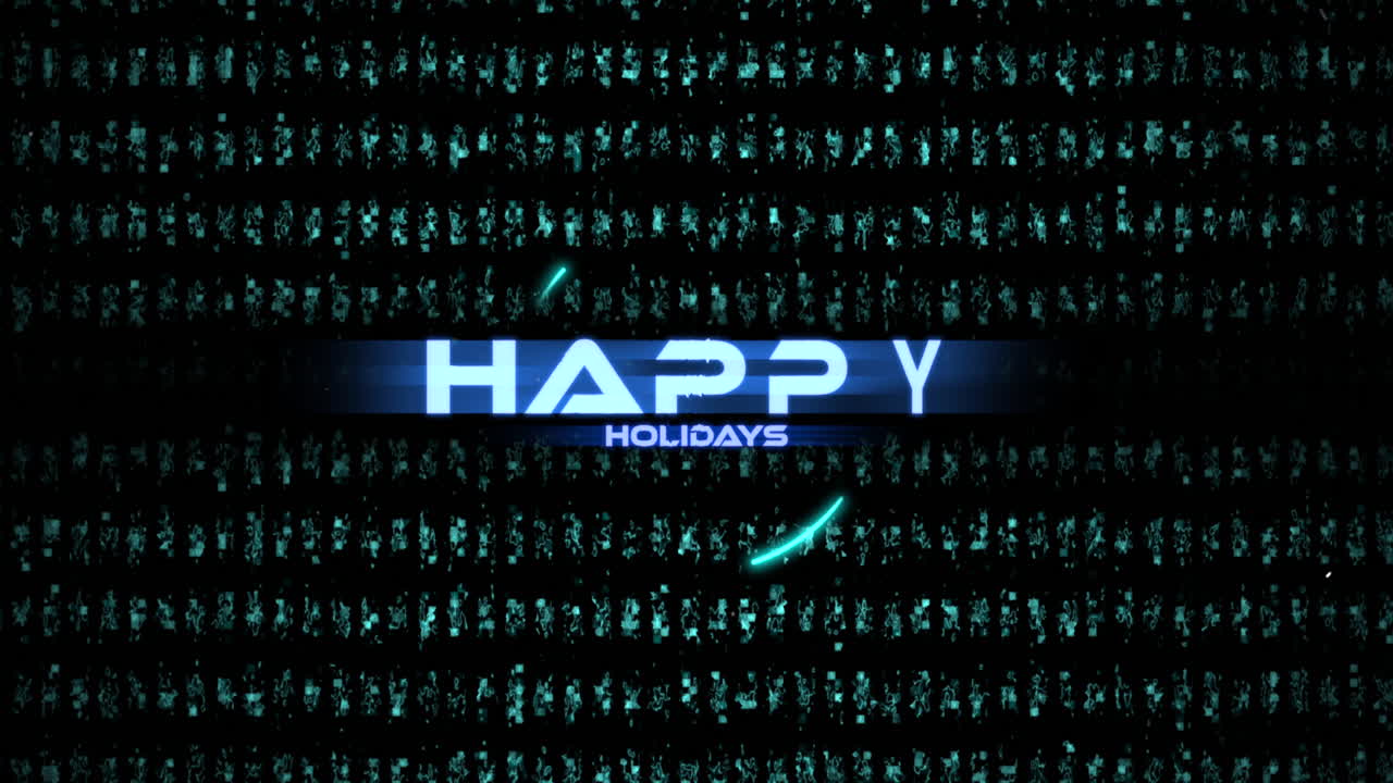 Futuristic Happy Holidays greeting with neon blue and black pattern