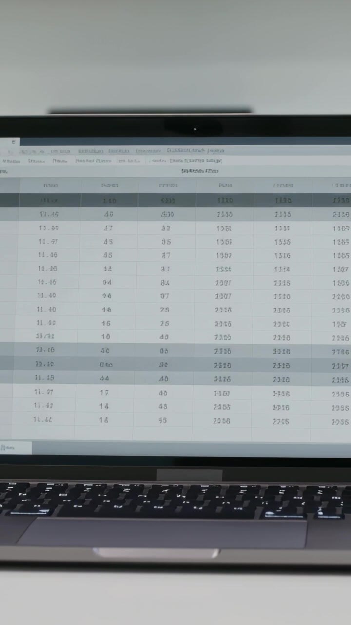 Vertical video: Shifting camera showing open laptop with spreadsheet on desk while reframing shot