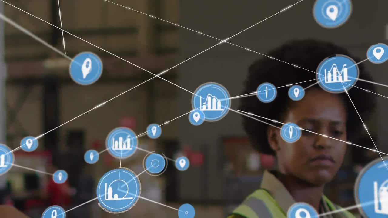 Animation of connected graph and gps icons over african american woman and man working in warehouse