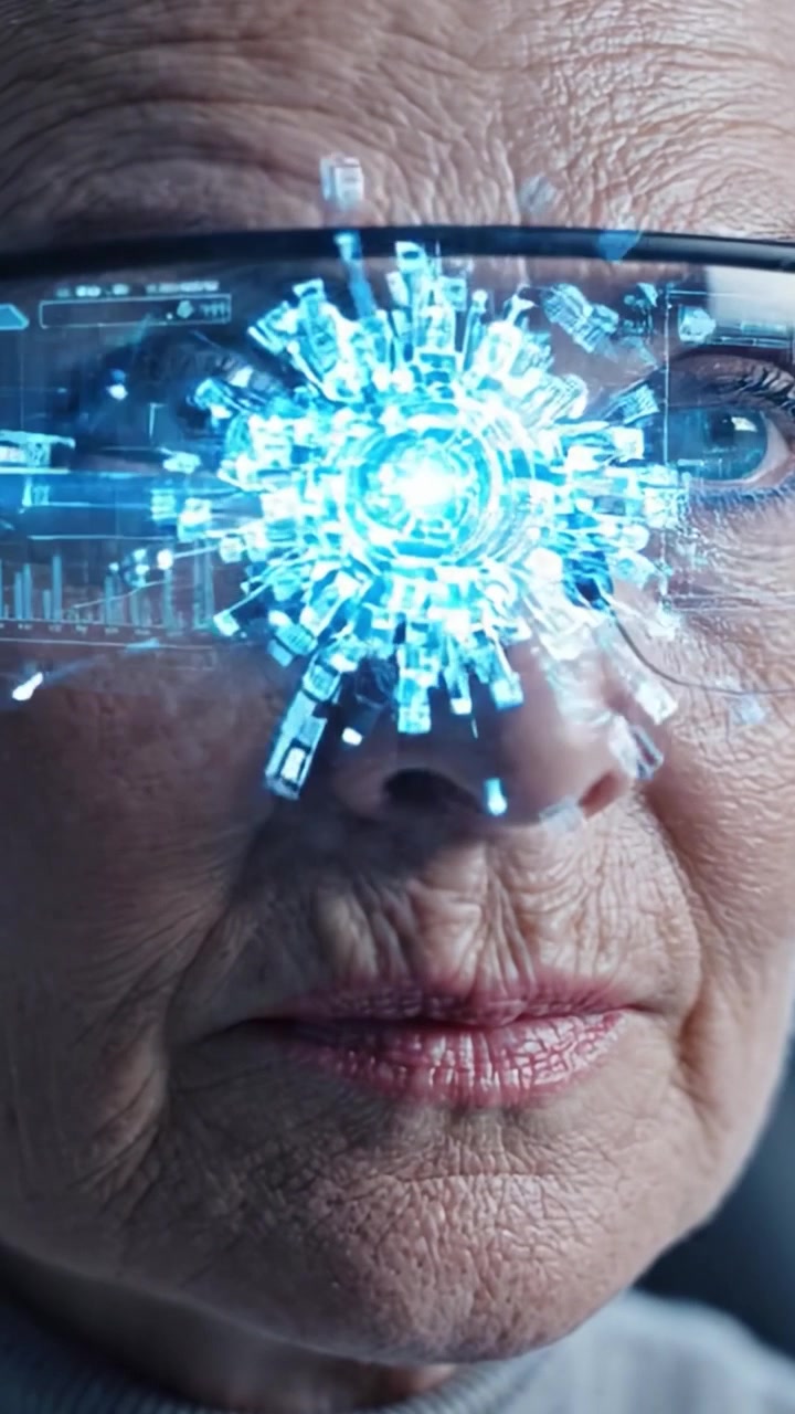 Una donna anziana concentrata con occhiali ad alta tecnologia che mostrano visualizzazioni di dati e grafici avanzati in un ambiente futuristico, unendo età e tecnologia
