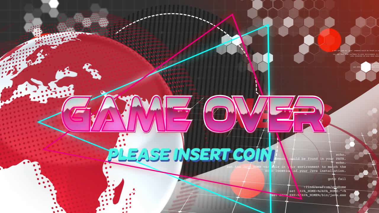 Game over text animation over digital globe and geometric shapes background