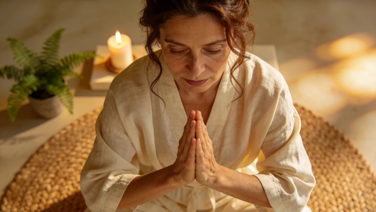 Donna in vestaglia che inizia la meditazione, mantenendo una posizione di preghiera su un tappetino in una stanza calma con una candela.