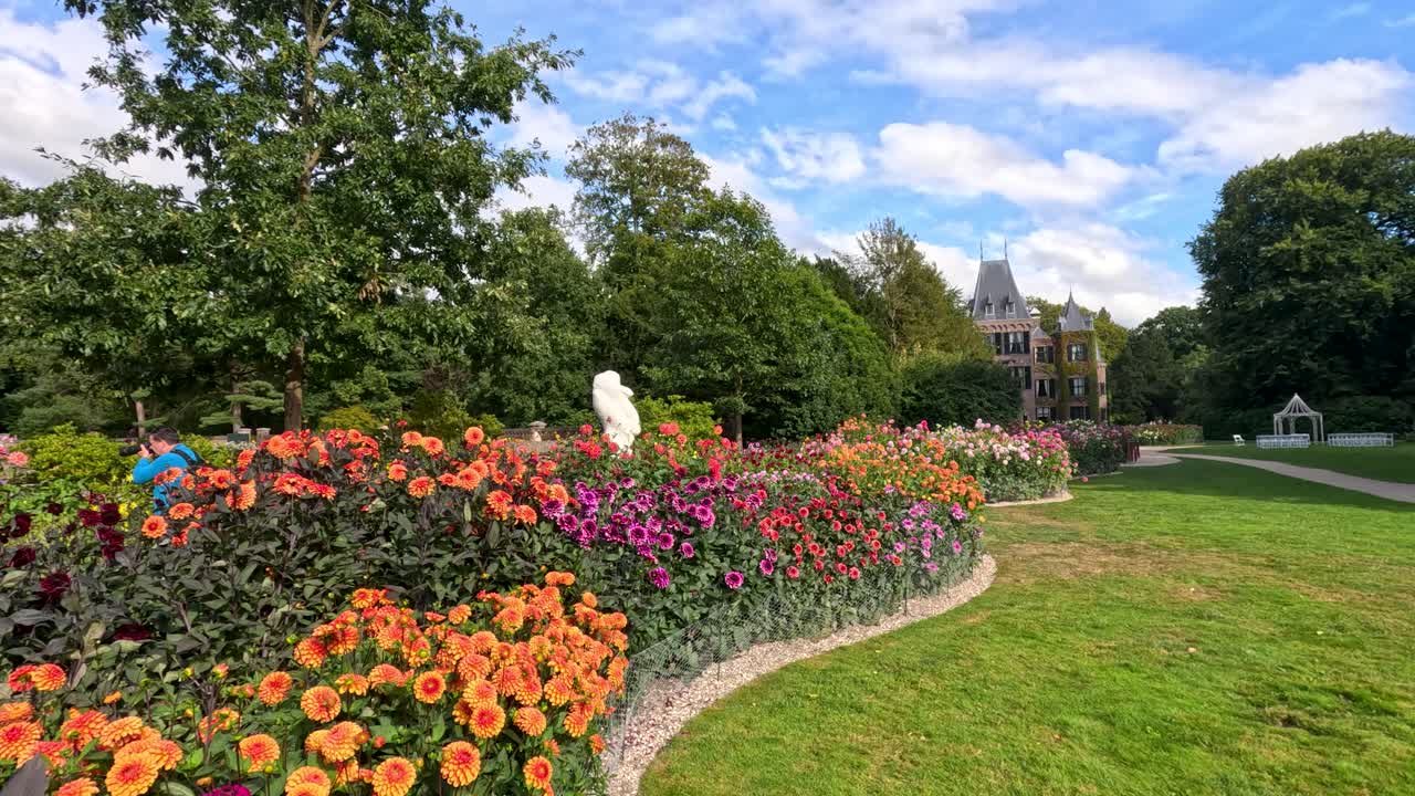 Wide-angle camera pans across vibrant dahlia flower beds in a formal botanical garden, revealing manicured lawns, a statue, and a historic castle under daylight