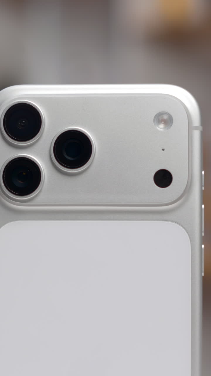 Design elegante di un nuovo smartphone bianco con un innovativo sistema a tripla fotocamera su uno sfondo sfocato.