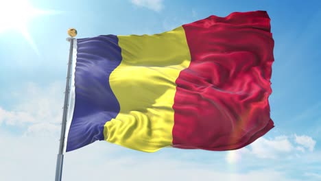 bandera de rumania ondeando en el viento contra el cielo azul profundo. tema nacional, concepto internacional. render 3d bucle sin costuras 4k