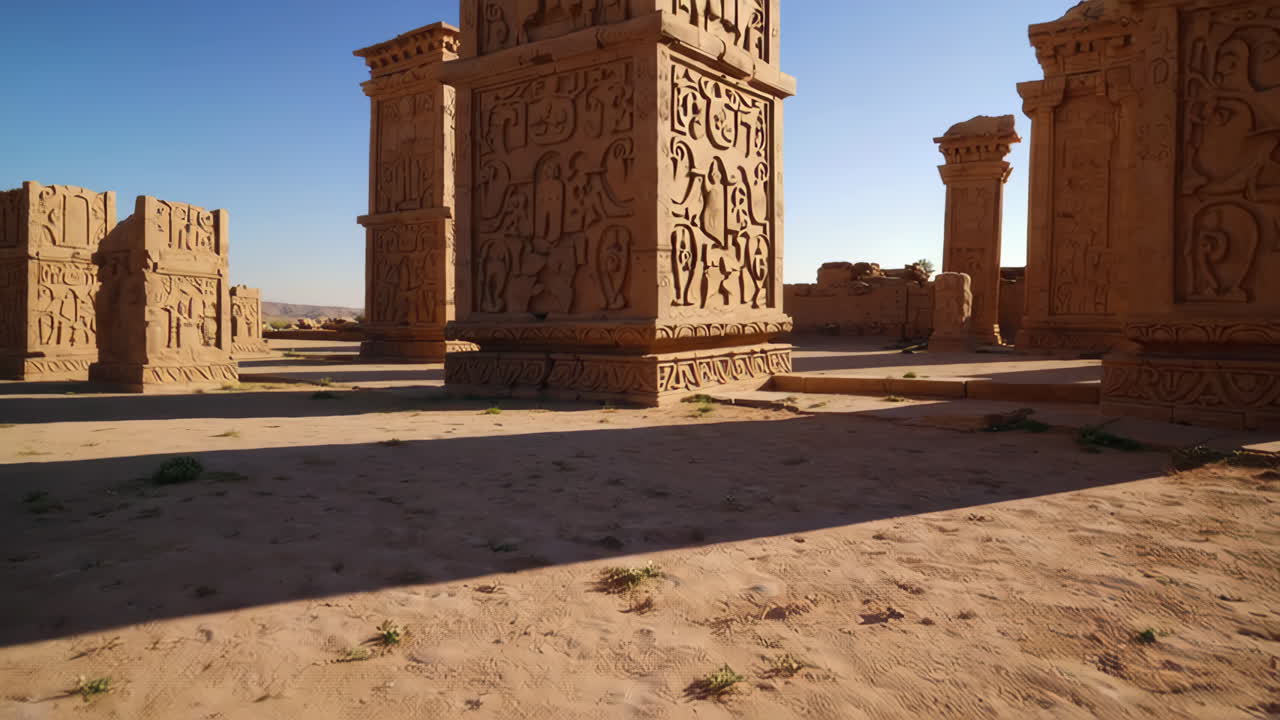 Ancient Carved Pillars in a Desert Ruin