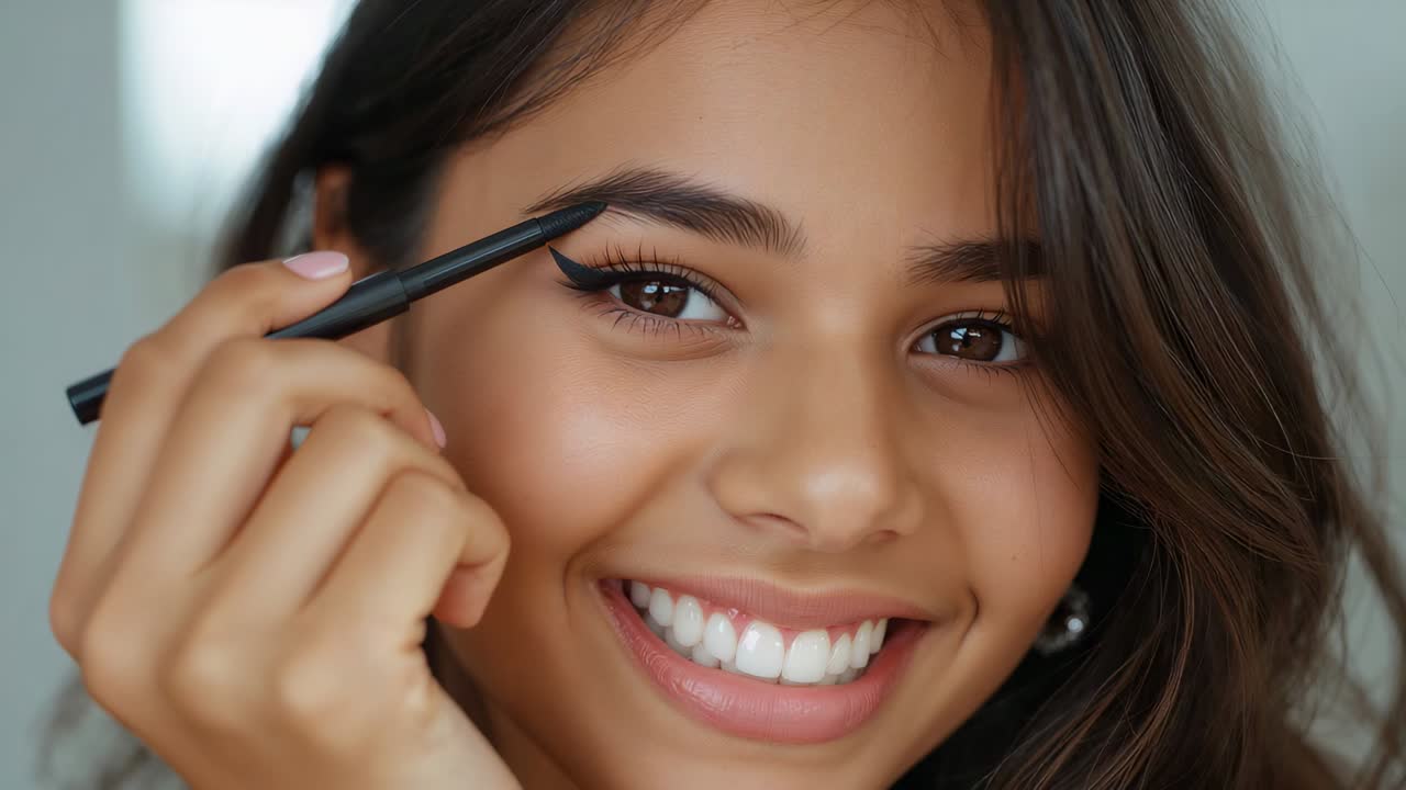 Smiling woman holding black eyeliner pencil, showing winged liner for detail in studio, pearl studs