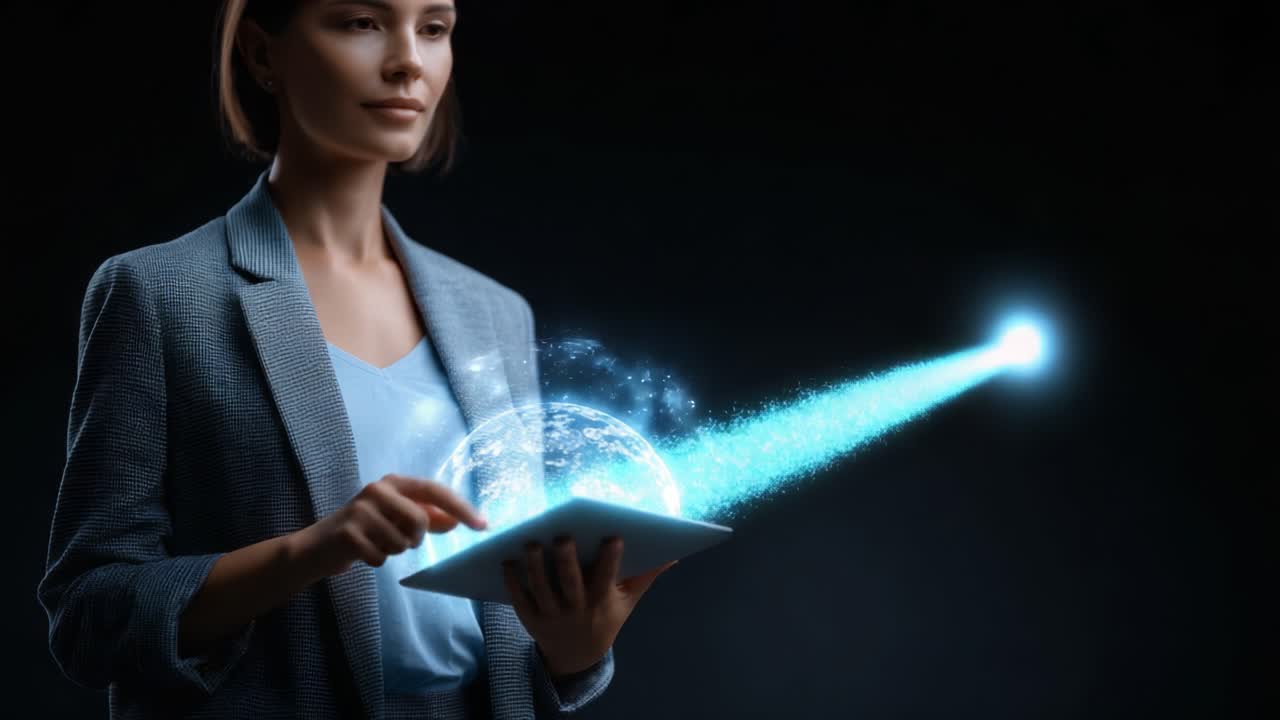 A professional woman uses a tablet to project a holographic image of the Earth, highlighting the fusion of technology and creativity in a dark, sophisticated environment