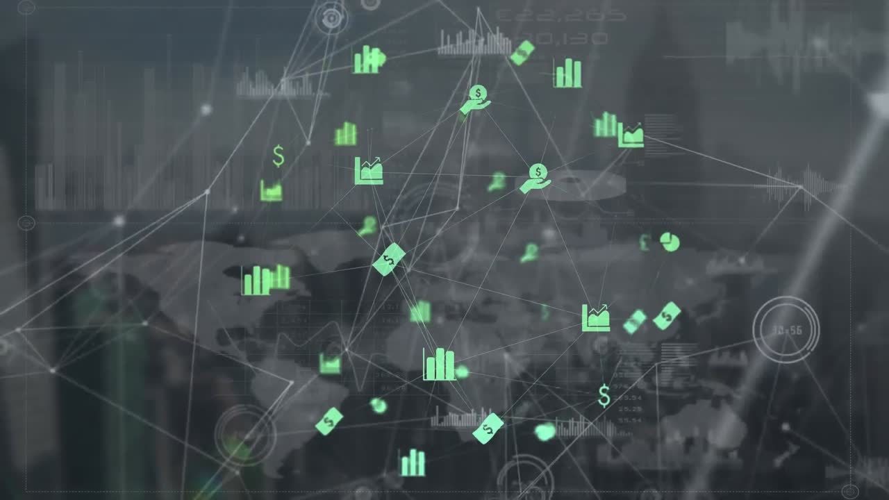 세계 지도와 도시 풍경에 대한 아이콘을 가진 연결 네트워크의 지구상의 애니메이션