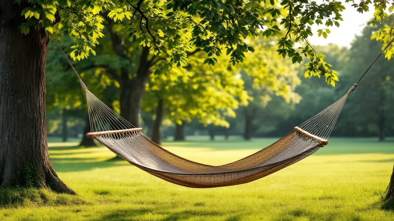 Colorful hammock swaying between trees, offering tranquil relaxation amid lush green park landscape on bright summer day