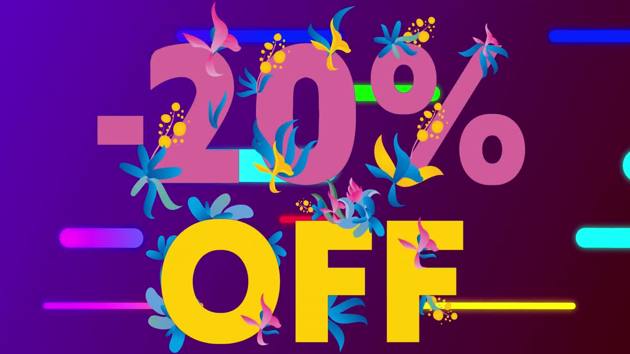 Animazione di 20% di sconto con fiori su sfondo viola con forme colorate