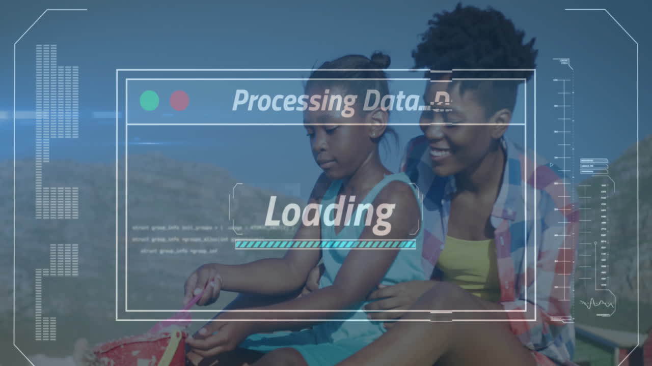 Animation of texts and computer language, african american mother and daughter playing in sand