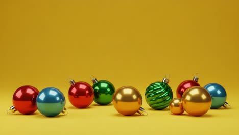colorful christmas ornaments on a bright yellow background: a festive display of glittering baubles and holiday cheer captured in vibrant detail