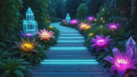 enchanted glowing path through a fantasy garden