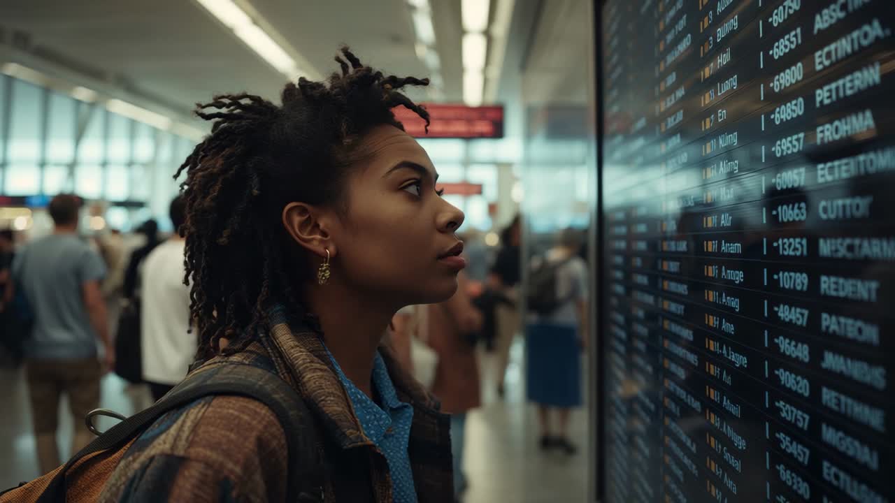 Entering woman wearing jacket and backpack scanning departure board at airport, finding flight info