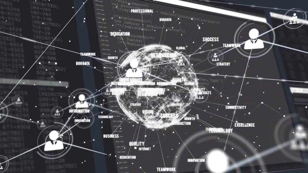 Animation of network of profile icons and business concept texts over globe and data processing