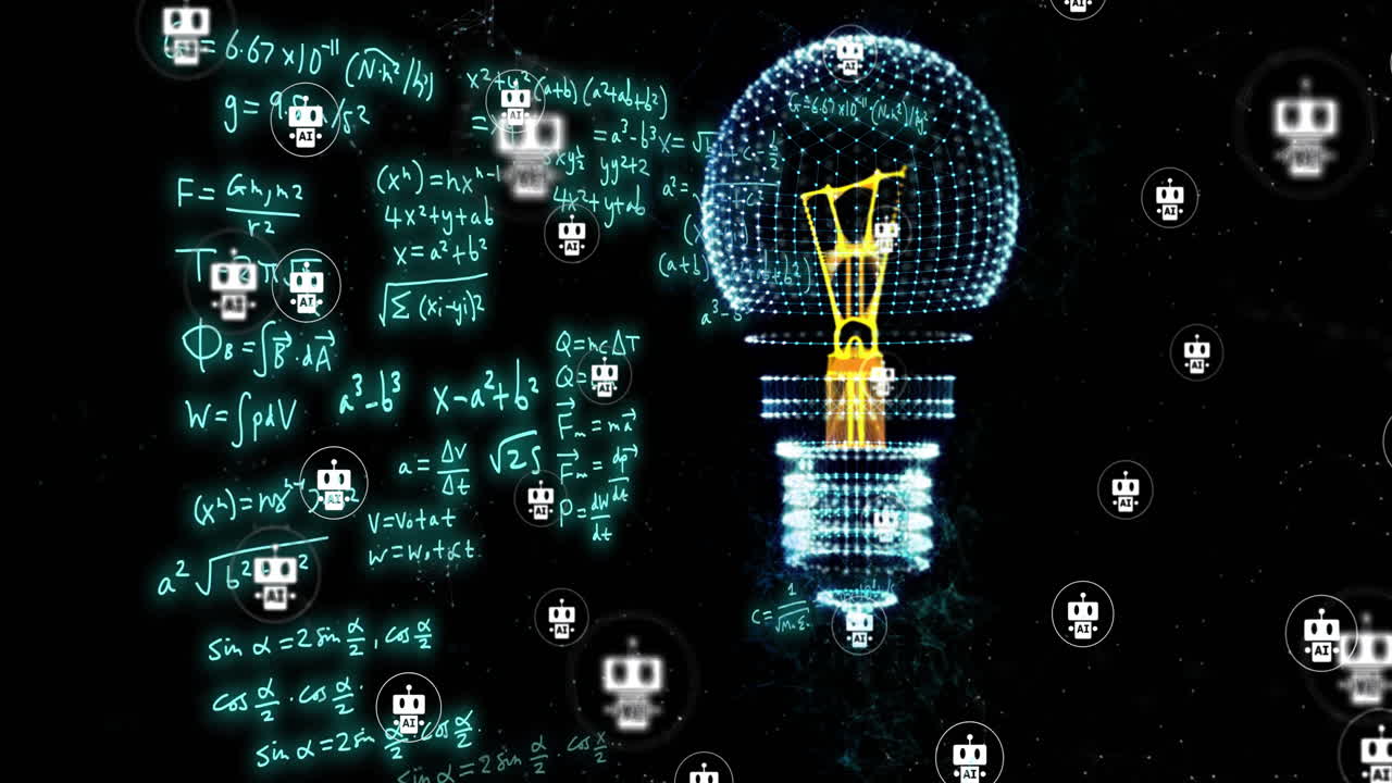 Animation of light bulb with ai icons over mathematical equations on blue background