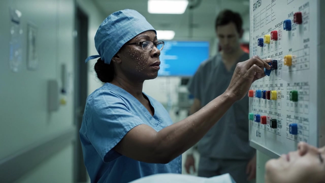 Un professionista medico dedicato monitora i segni vitali e le attrezzature in un ambiente clinico, garantendo la sicurezza del paziente e cure ottimali in un moderno contesto sanitario.