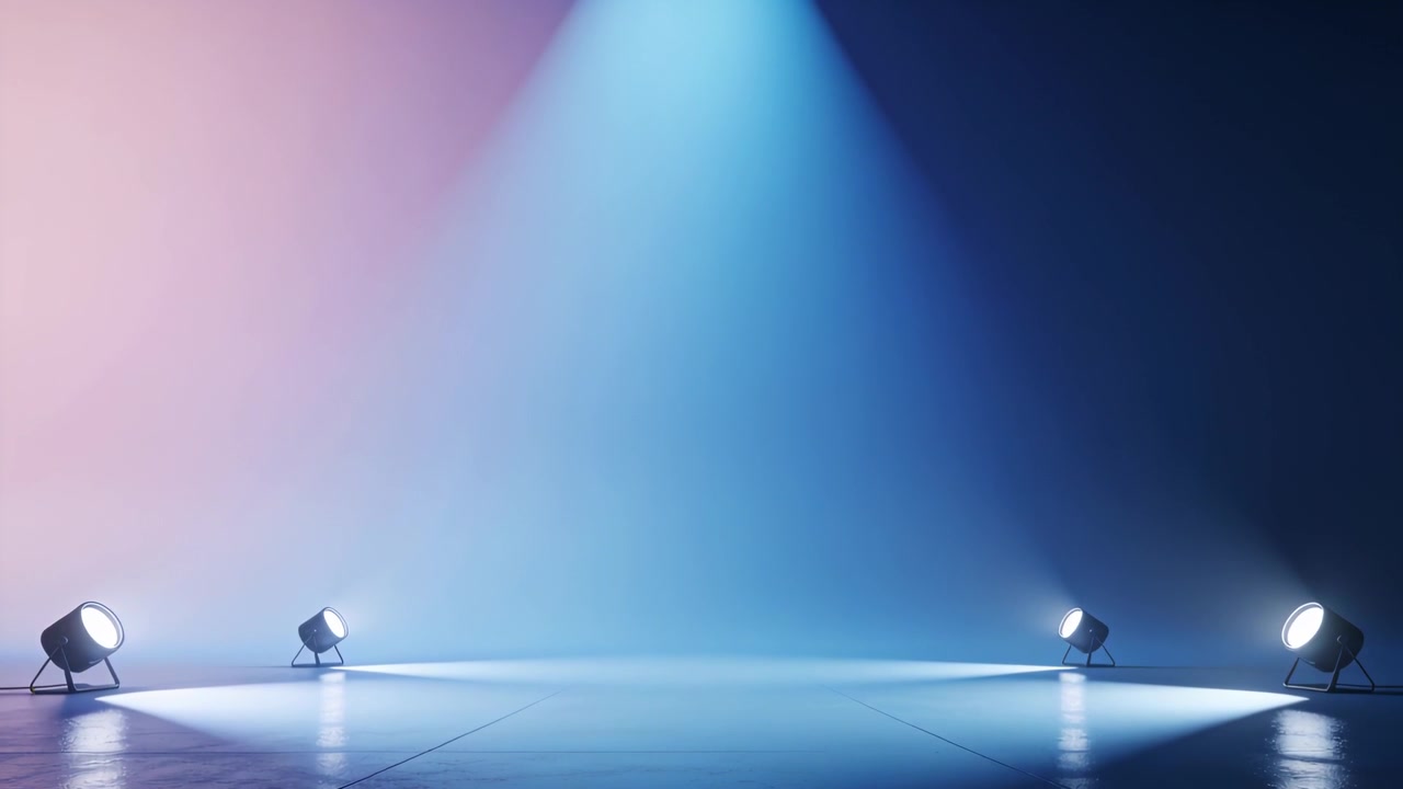 Cueing lighting in studio, stage lights revealing blue cone and five low spotlights stabilizing