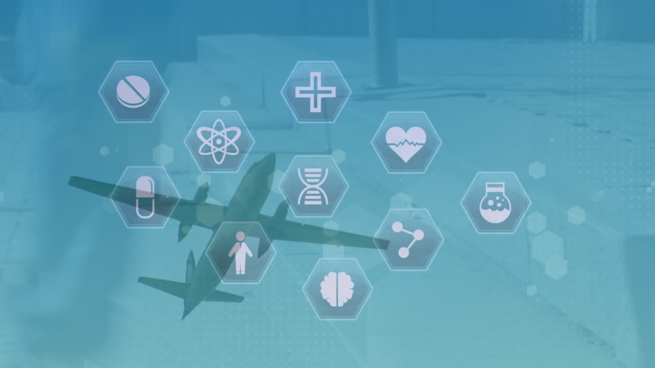 육각형의 여러 아이콘의 애니메이션, 비행기 위를  ⁇ 고 있는 사람들의 타임  ⁇ 스