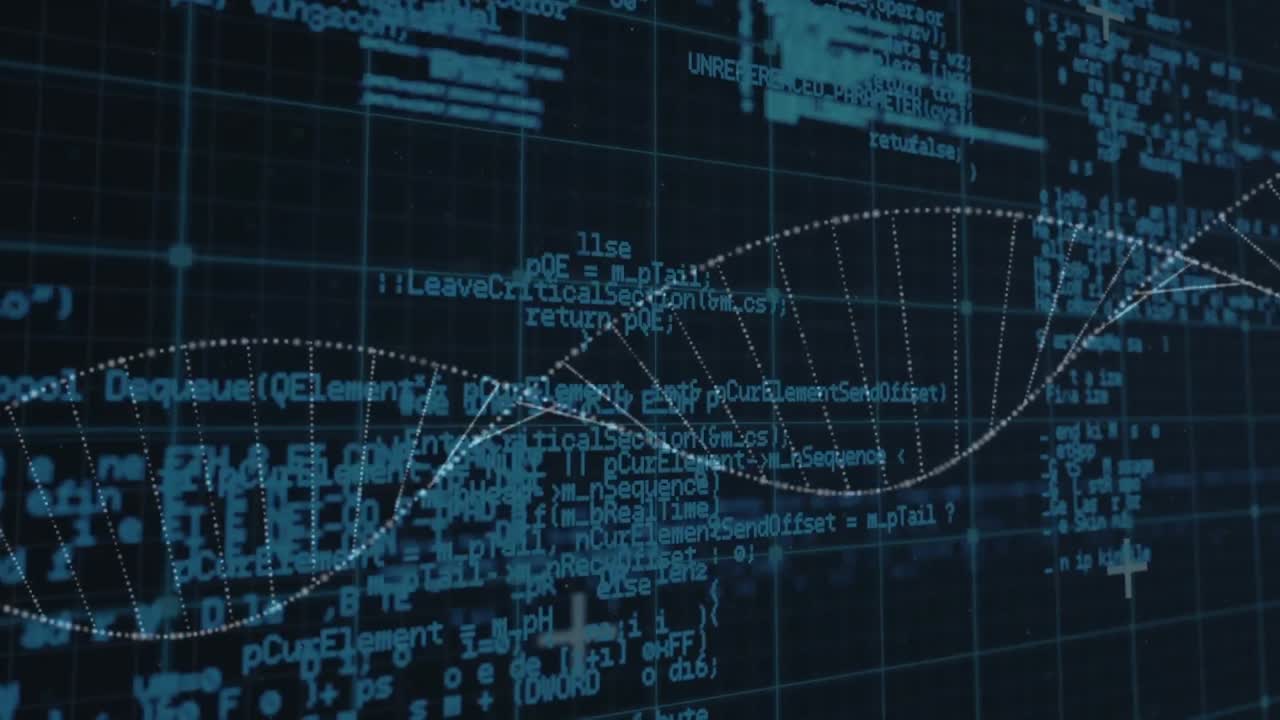Animation of spinning dna structure and data processing over grid network against black background