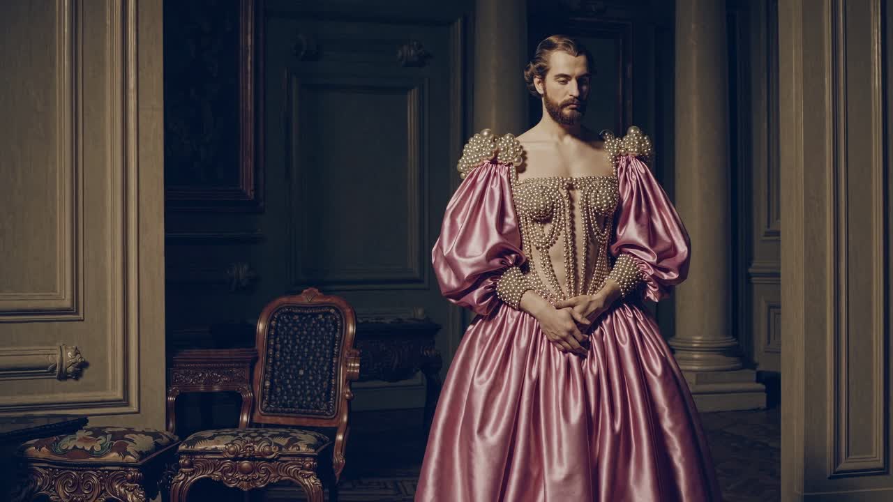 elegante hombre barbudo con vestido rosa del siglo xviii con corsé de perlas de pie con confianza en un lujoso interior vintage, encarnando la moda histórica y la expresión de género