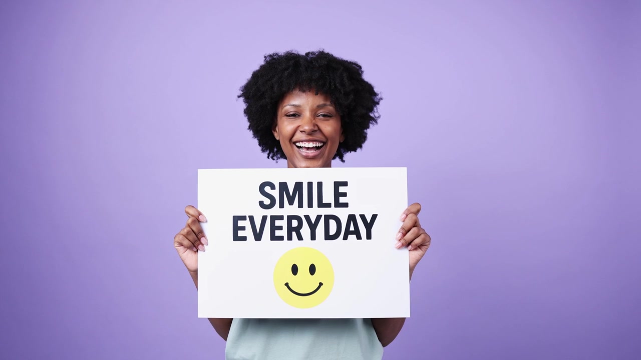 Giovane donna nera felice che tiene un cartello con scritto 'Smile Everyday' e ride.