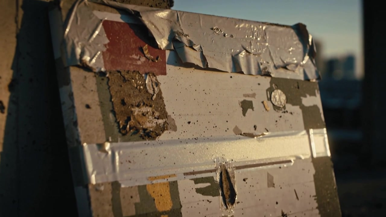 Telecamera in movimento che mostra un pannello dipinto sul tetto, la brezza solleva il nastro metallico ed espone il danno.