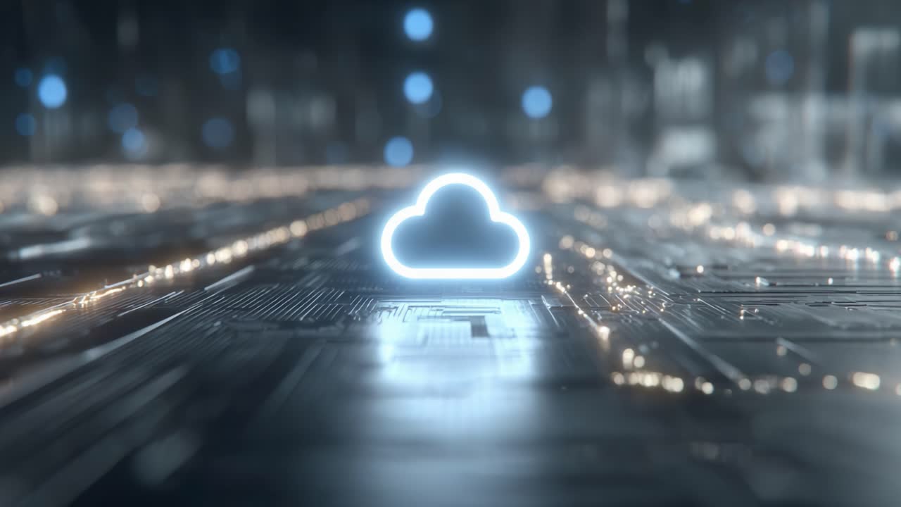 Futuristic Digital Landscape Featuring a Glowing Cloud Icon Representing Cloud Computing and Data Storage on a Circuit Board Background