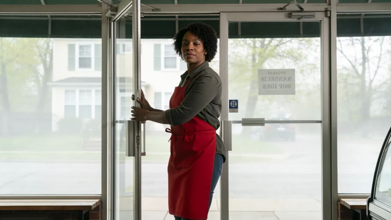 Grasping door handle woman opening glass doors and stepping outside to exit shop, wearing red apron