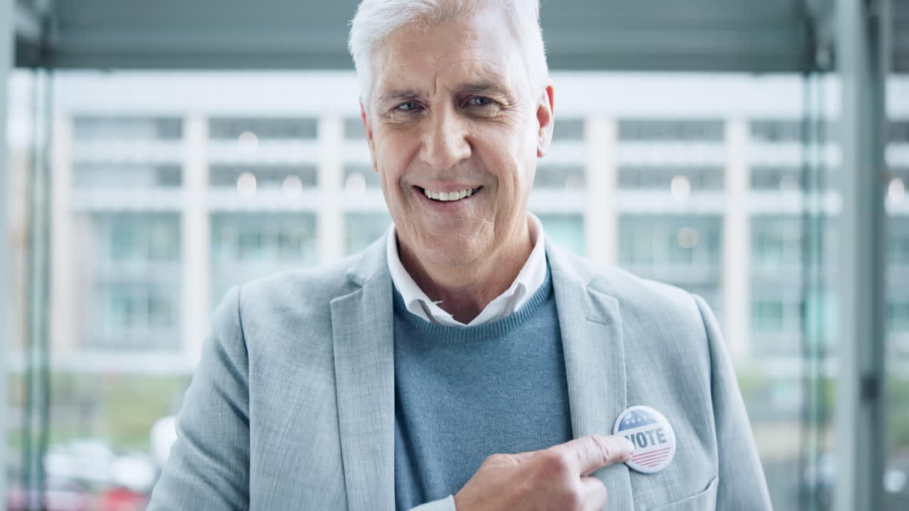 Vote, badge and portrait of a man for politics