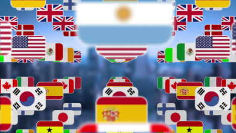 bola hecha de banderas nacionales girando en el fondo de la ciudad