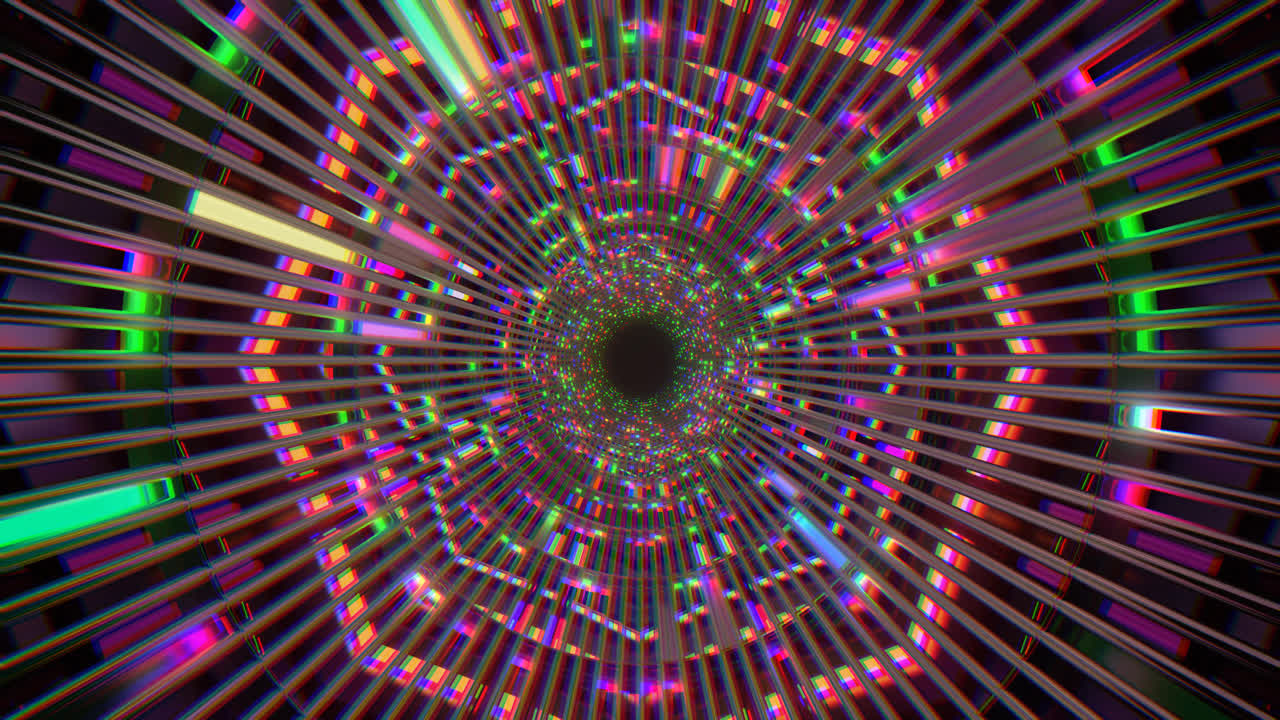 Seamless loop of a vibrant tunnel with pulsing lights and patterns creating an engaging visual backdrop. Ideal for dynamic screensaver use or creative projects